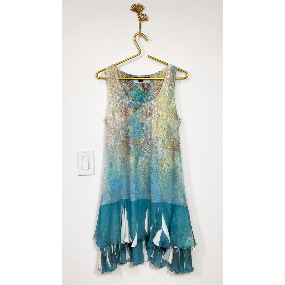 Mushka By Sienna Rose Blue Snakeskin Mesh Tunic Dress Metallic Ruffle Hem XS